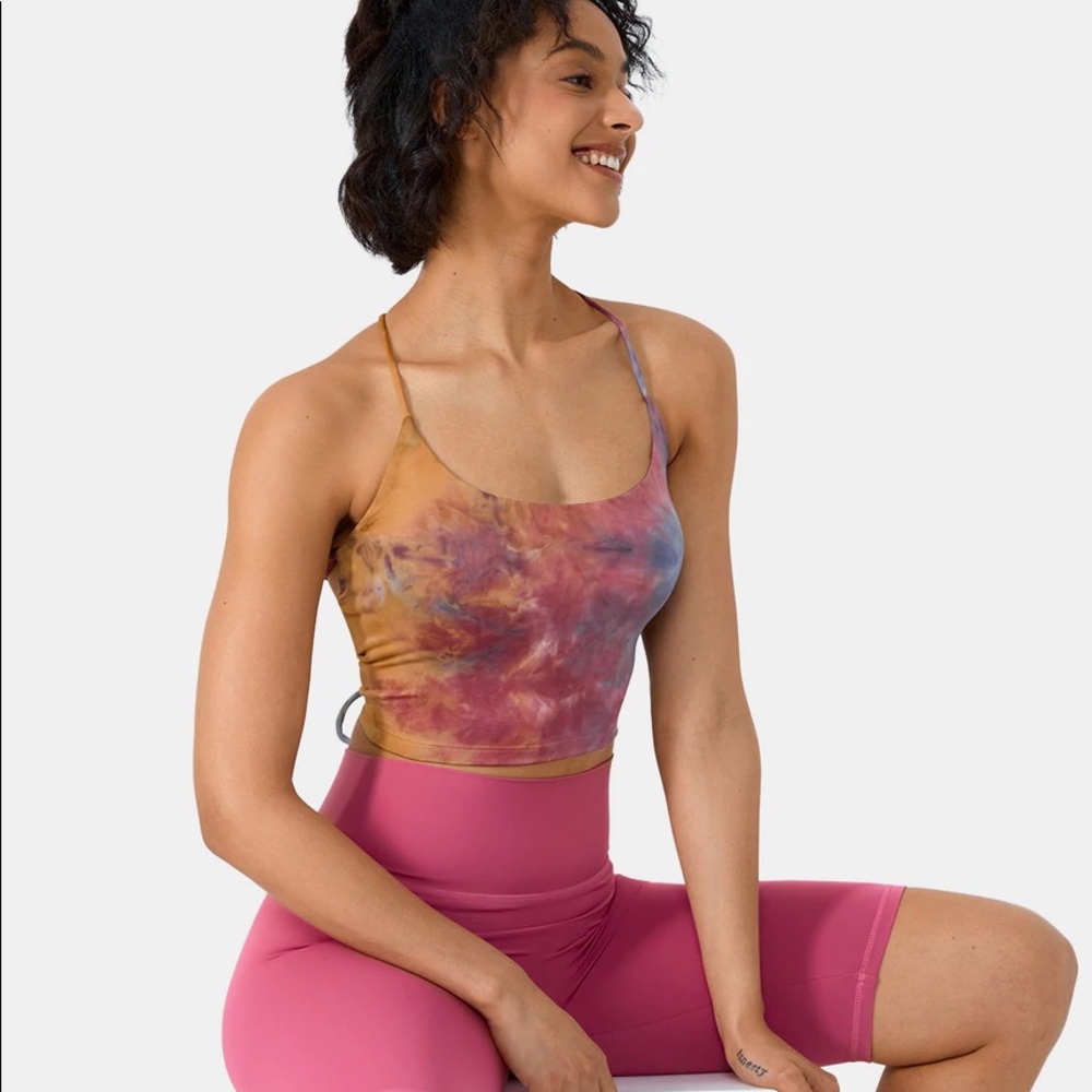 Halara Spaghetti Strap Tie-Dye Crisscross Lace Up Cropped Tank Top
